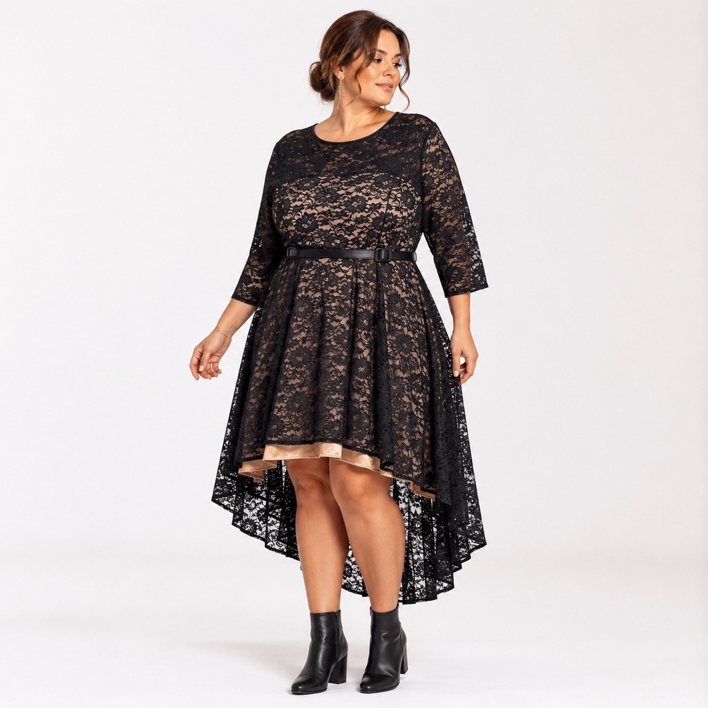 City Chic Black Nude Lace High Low Dress 20 L Plus Belted Nicole Byer Whimsigoth